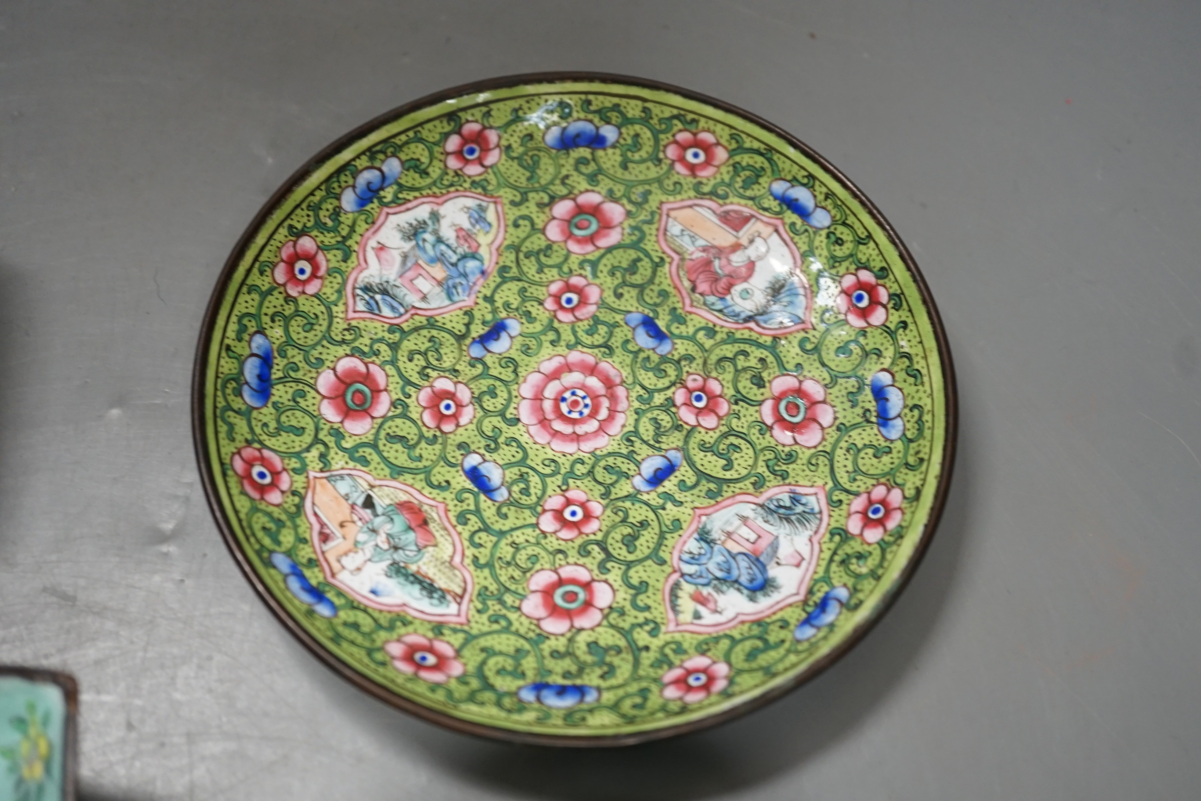 A pair of Chinese Canton enamel boat-shaped dishes, Qianlong; and a Canton enamel bowl and stand (4)